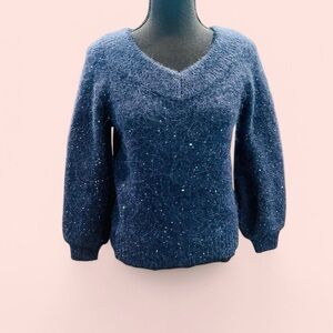 Navy Blue Sequin Alpaca Wool Blend Puff Sleeve Sweater XS